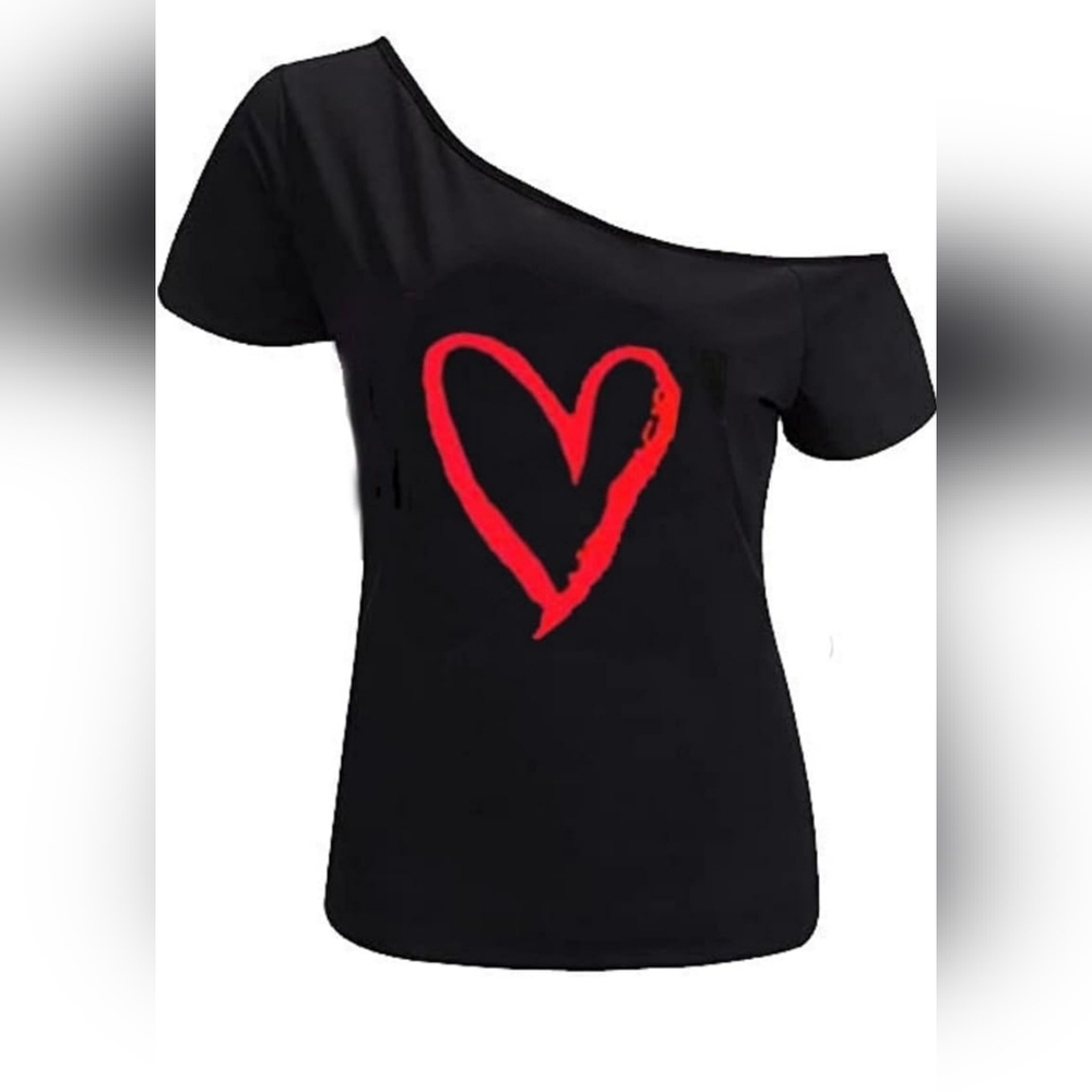 MagicMK Black Off-Shoulder Top with White Heart Design 2XL